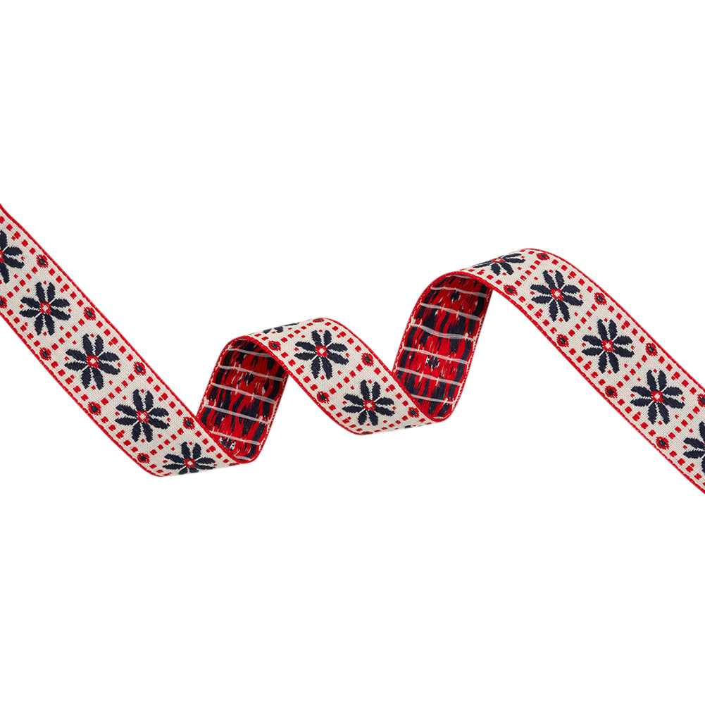 Jacquard Ribbon - 1" - Off White, Red and Navy Flower Blocks Jacquard Ribbon - 1" - Off White, Red and Navy Flower Blocks