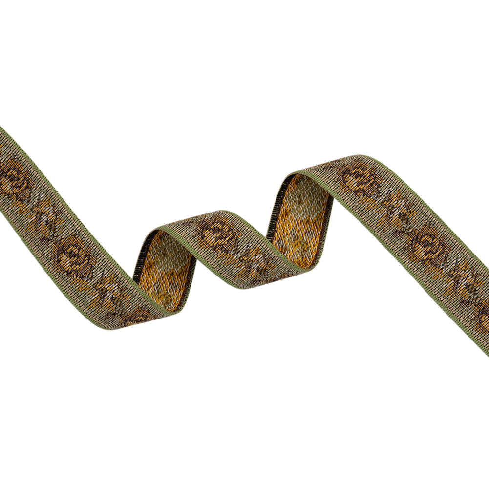 Jacquard Ribbon - 1.125" - Green, Yellow and Brown Rustic Roses Jacquard Ribbon - 1.125" - Green, Yellow and Brown Rustic Roses
