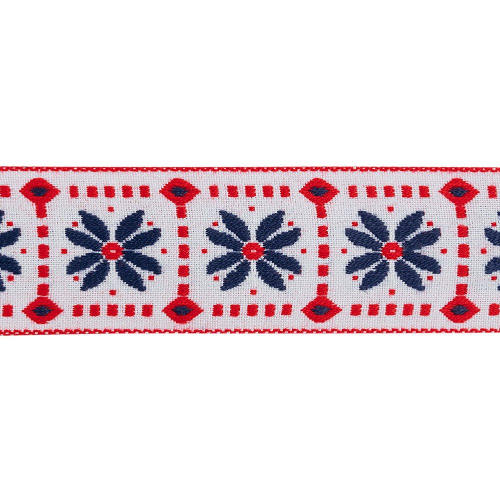 Jacquard Ribbon - 1.5" - White, Red and Navy Flower Blocks - Folded Jacquard Ribbon - 1.5" - White, Red and Navy Flower Blocks - Folded