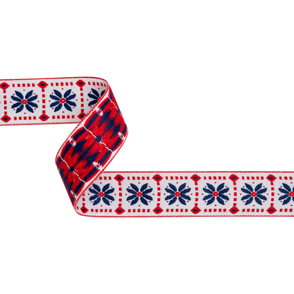 Jacquard Ribbon - 1.5" - White, Red and Navy Flower Blocks Jacquard Ribbon - 1.5" - White, Red and Navy Flower Blocks