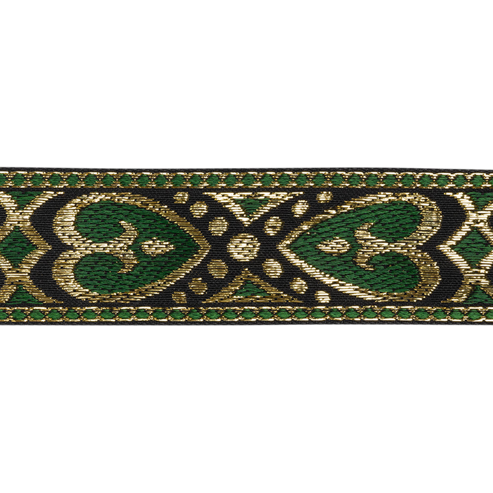 Metallic Jacquard Ribbon - 1.375" - Green, Black and Gold Fanciful Hearts - Folded Metallic Jacquard Ribbon - 1.375" - Green, Black and Gold Fanciful Hearts - Folded