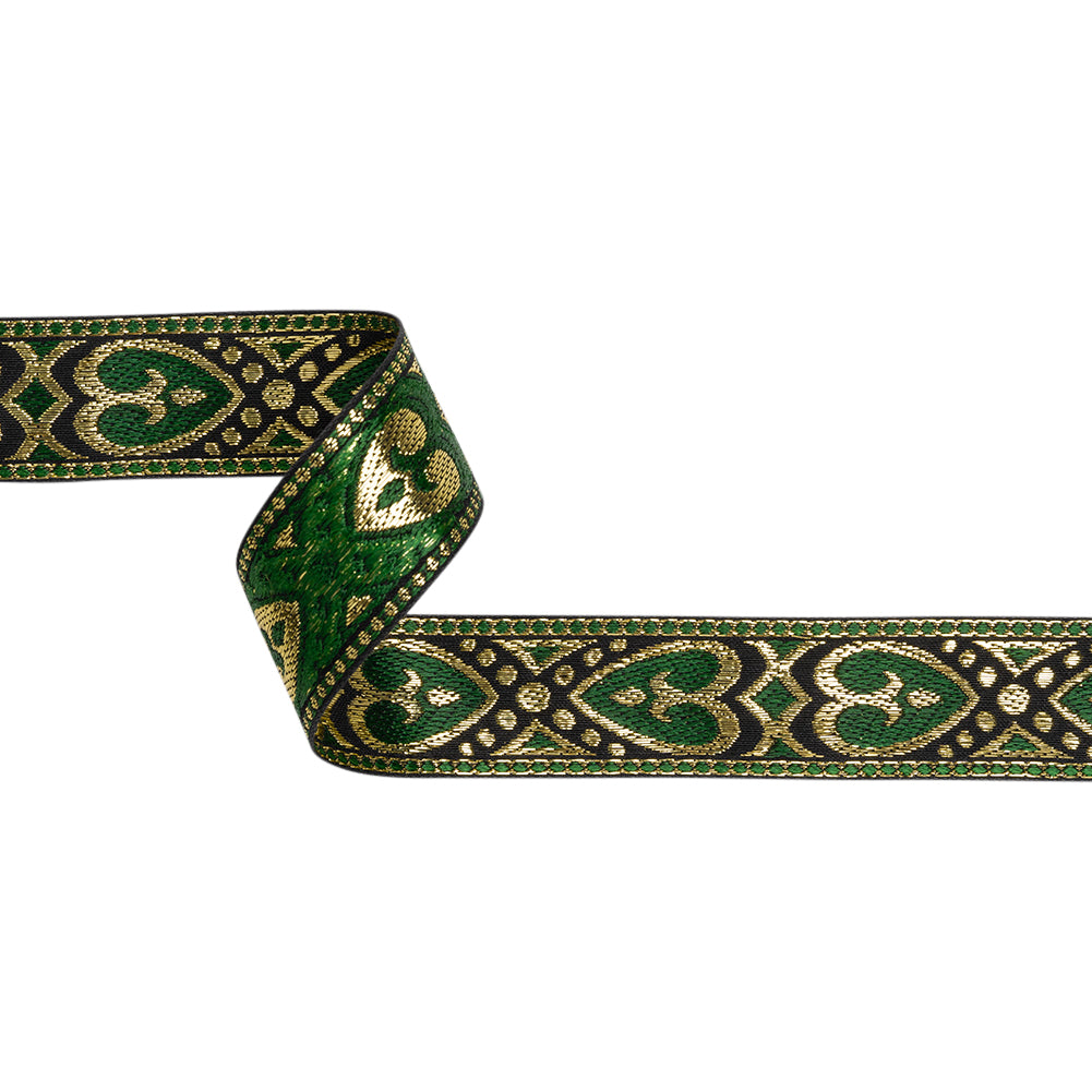 Metallic Jacquard Ribbon - 1.375" - Green, Black and Gold Fanciful Hearts Metallic Jacquard Ribbon - 1.375" - Green, Black and Gold Fanciful Hearts