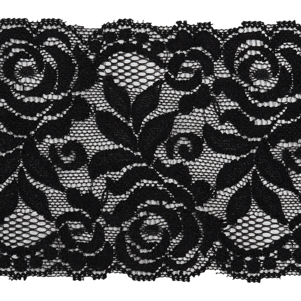 Stretch Lace Trim - 3.5" - Black Roses and Leaves with Scalloped Edges Stretch Lace Trim - 3.5" - Black Roses and Leaves with Scalloped Edges