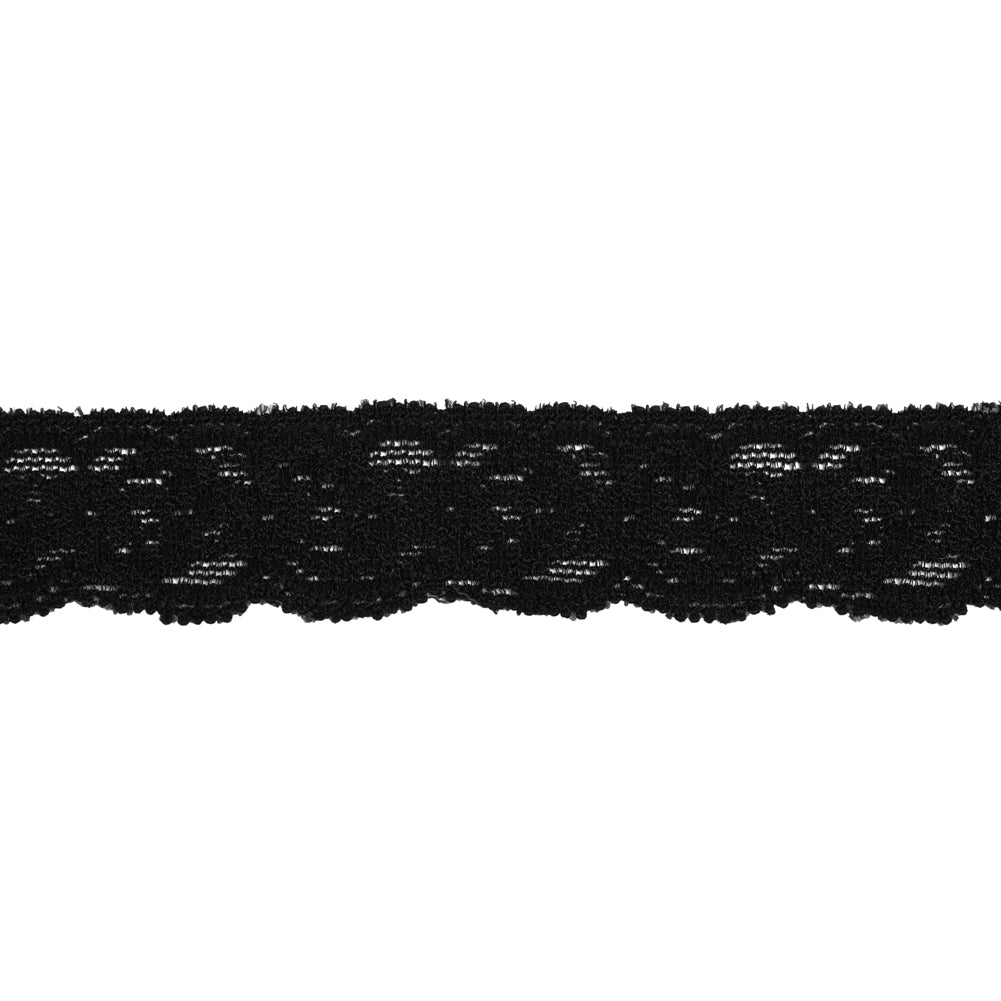 Stretch Lace Trim - 0.875" - Black Little Roses with Scalloped Edges Stretch Lace Trim - 0.875" - Black Little Roses with Scalloped Edges