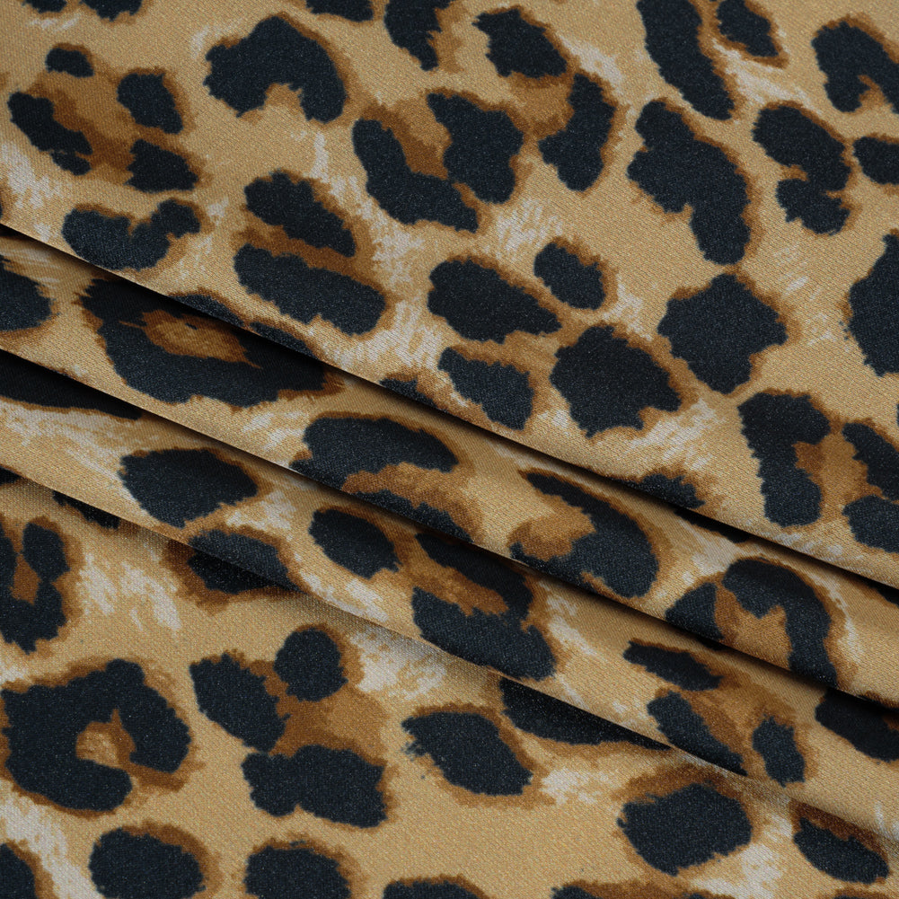 Soft Stretch Polyester Satin Print - Beige, Brown and Black Leopard Spots - Deadstock Soft Stretch Polyester Satin Print - Beige, Brown and Black Leopard Spots - Deadstock