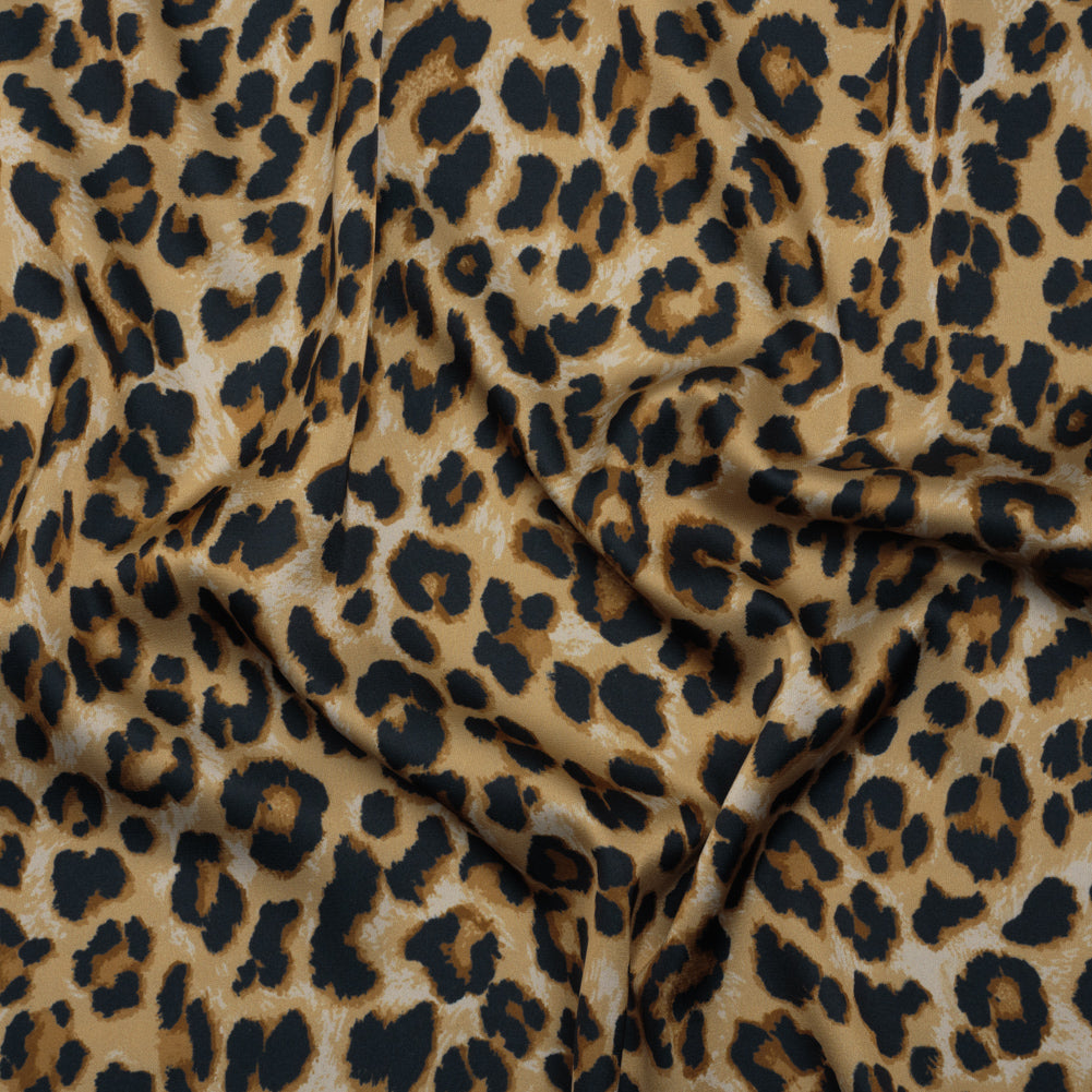 Soft Stretch Polyester Satin Print - Beige, Brown and Black Leopard Spots - Deadstock Soft Stretch Polyester Satin Print - Beige, Brown and Black Leopard Spots - Deadstock