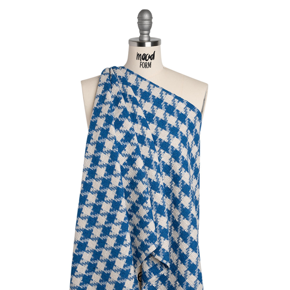 Cotton Blend Slubbed Woven - Blue and White Houndstooth - Deadstock Cotton Blend Slubbed Woven - Blue and White Houndstooth - Deadstock