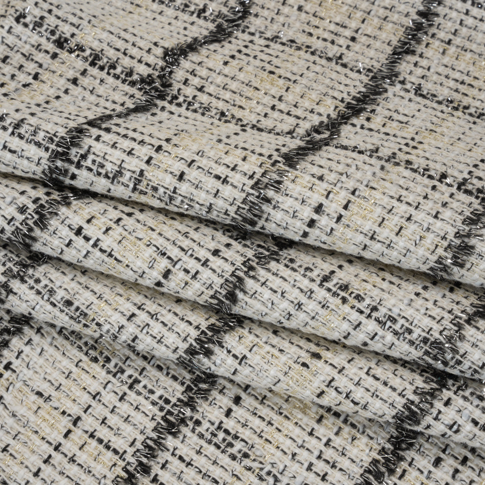 Metallic Polyester Tweed - White, Gold and Black Fringed Windowpane Check Metallic Polyester Tweed - White, Gold and Black Fringed Windowpane Check