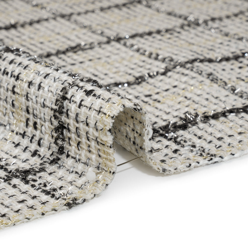 Metallic Polyester Tweed - White, Gold and Black Fringed Windowpane Check Metallic Polyester Tweed - White, Gold and Black Fringed Windowpane Check
