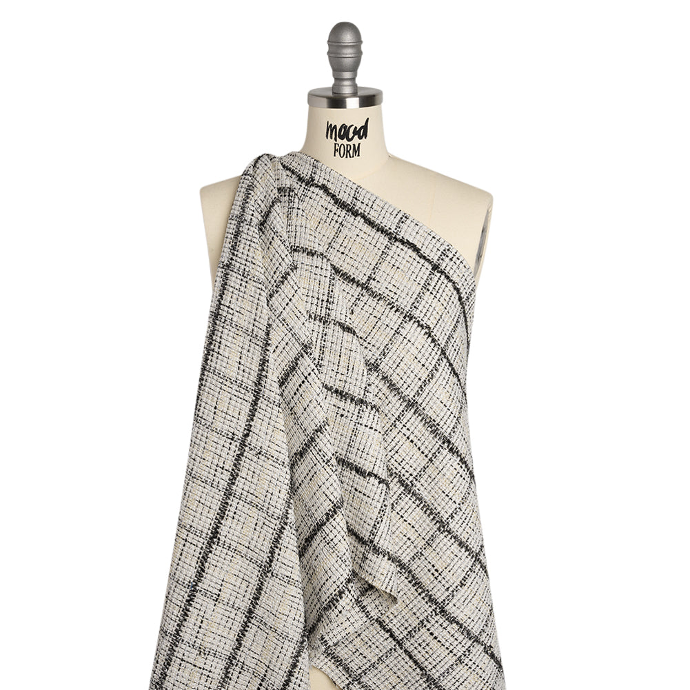 Metallic Polyester Tweed - White, Gold and Black Fringed Windowpane Check Metallic Polyester Tweed - White, Gold and Black Fringed Windowpane Check