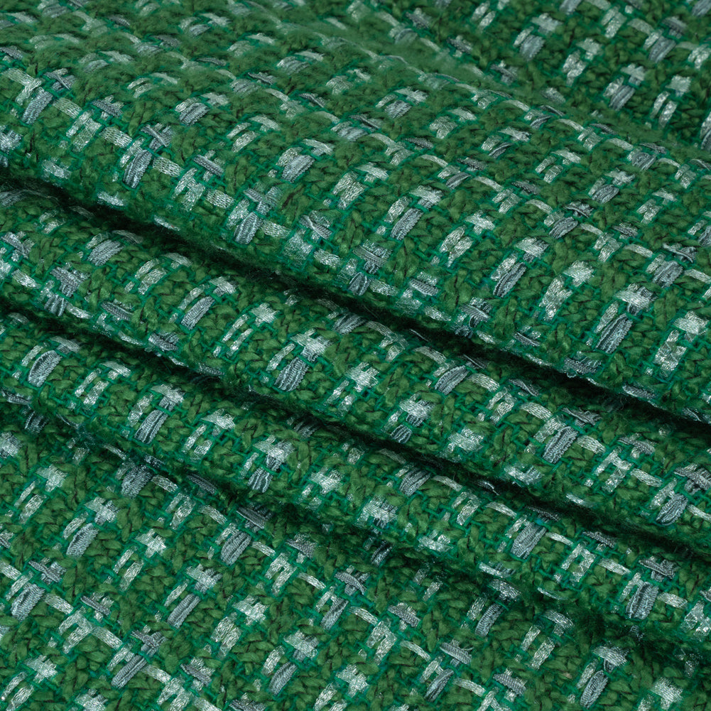 Polyester Novelty Tweed - Green and White Textured Plaid - Deadstock Polyester Novelty Tweed - Green and White Textured Plaid - Deadstock