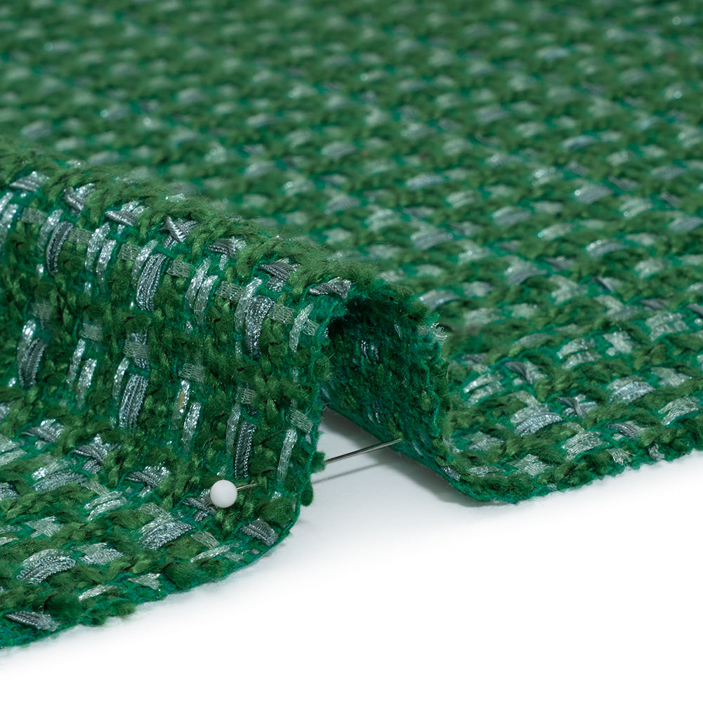 Polyester Novelty Tweed - Green and White Textured Plaid - Deadstock Polyester Novelty Tweed - Green and White Textured Plaid - Deadstock