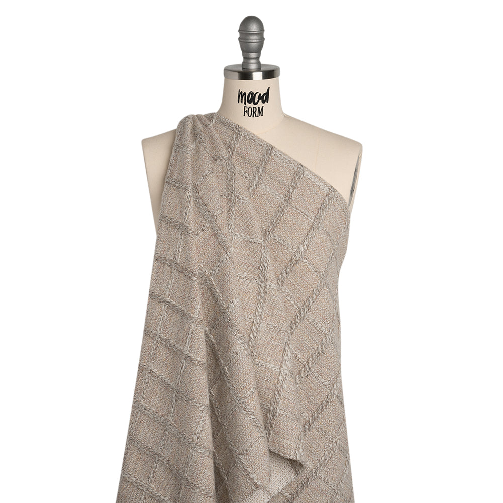 Wool Blend Boucle Tweed - Cream and Taupe Raised Windowpane Checks - Deadstock Wool Blend Boucle Tweed - Cream and Taupe Raised Windowpane Checks - Deadstock
