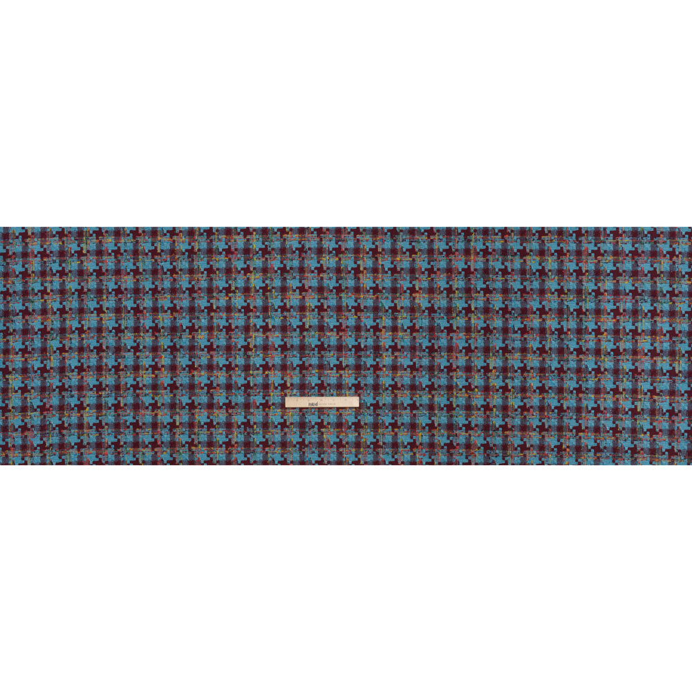 Wool Blend Tweedy Boucle Woven - Turquoise, Wine Red and Rainbow Blocky Houndstooth - Full Wool Blend Tweedy Boucle Woven - Turquoise, Wine Red and Rainbow Blocky Houndstooth - Full