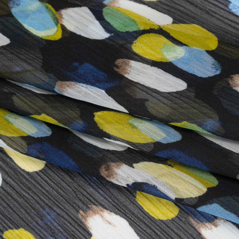 Crinkled Polyester Chiffon Print - Black, Blue and Yellow Abstract Spots - Designer Deadstock - Folded Crinkled Polyester Chiffon Print - Black, Blue and Yellow Abstract Spots - Designer Deadstock - Folded