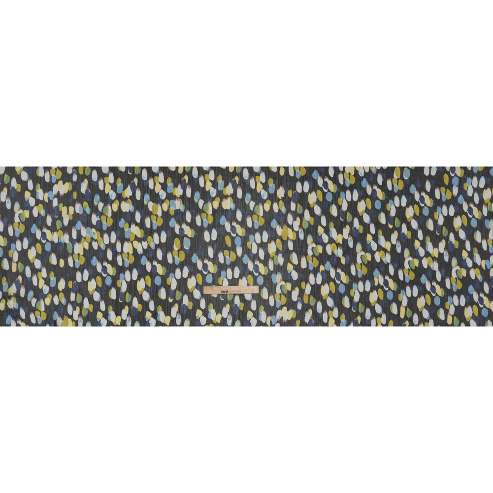 Crinkled Polyester Chiffon Print - Black, Blue and Yellow Abstract Spots - Designer Deadstock - Full Crinkled Polyester Chiffon Print - Black, Blue and Yellow Abstract Spots - Designer Deadstock - Full