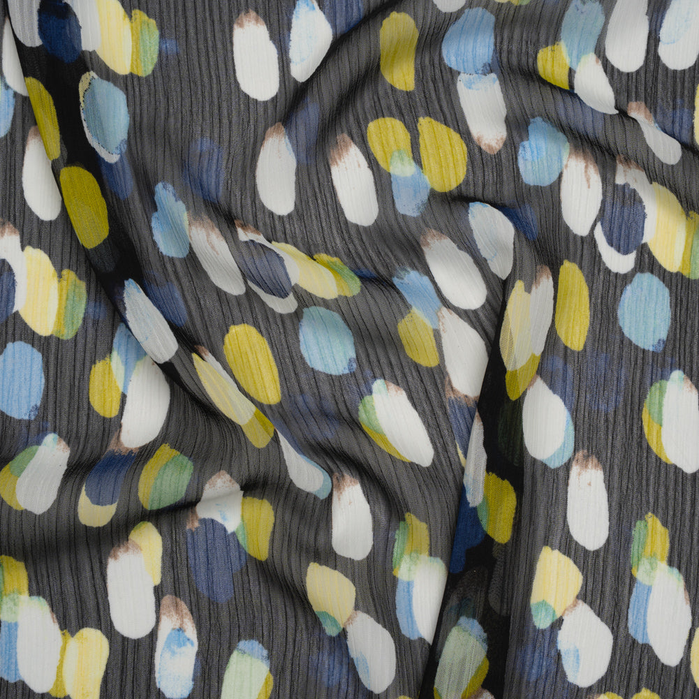 Crinkled Polyester Chiffon Print - Black, Blue and Yellow Abstract Spots - Designer Deadstock Crinkled Polyester Chiffon Print - Black, Blue and Yellow Abstract Spots - Designer Deadstock