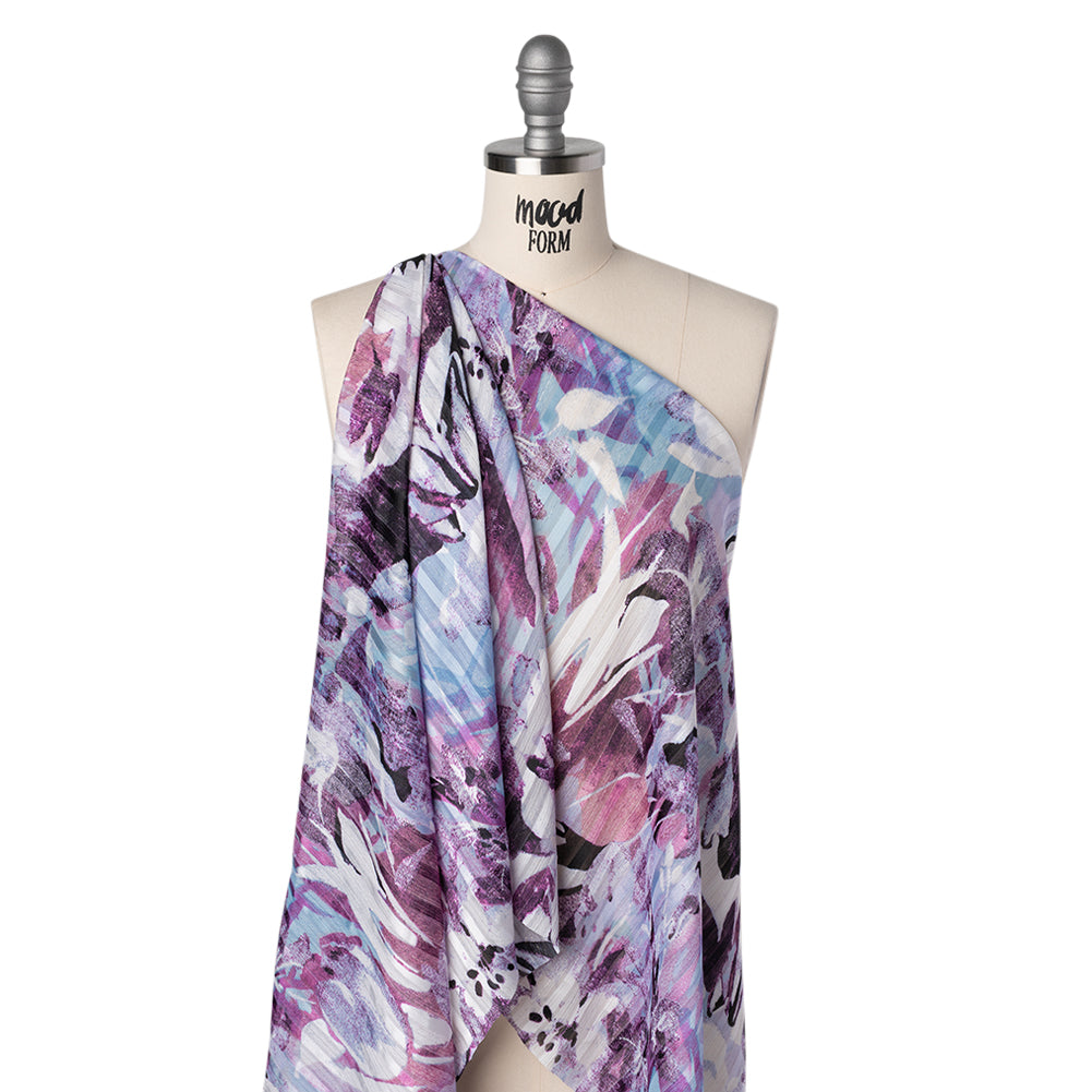 Polyester Satin-Striped Dobby with Metallic Pinstripes - Lavender, Sky Blue and Rose Abstract Florals - Designer Deadstock - Folded Polyester Satin-Striped Dobby with Metallic Pinstripes - Lavender, Sky Blue and Rose Abstract Florals - Designer Deadstock - Folded