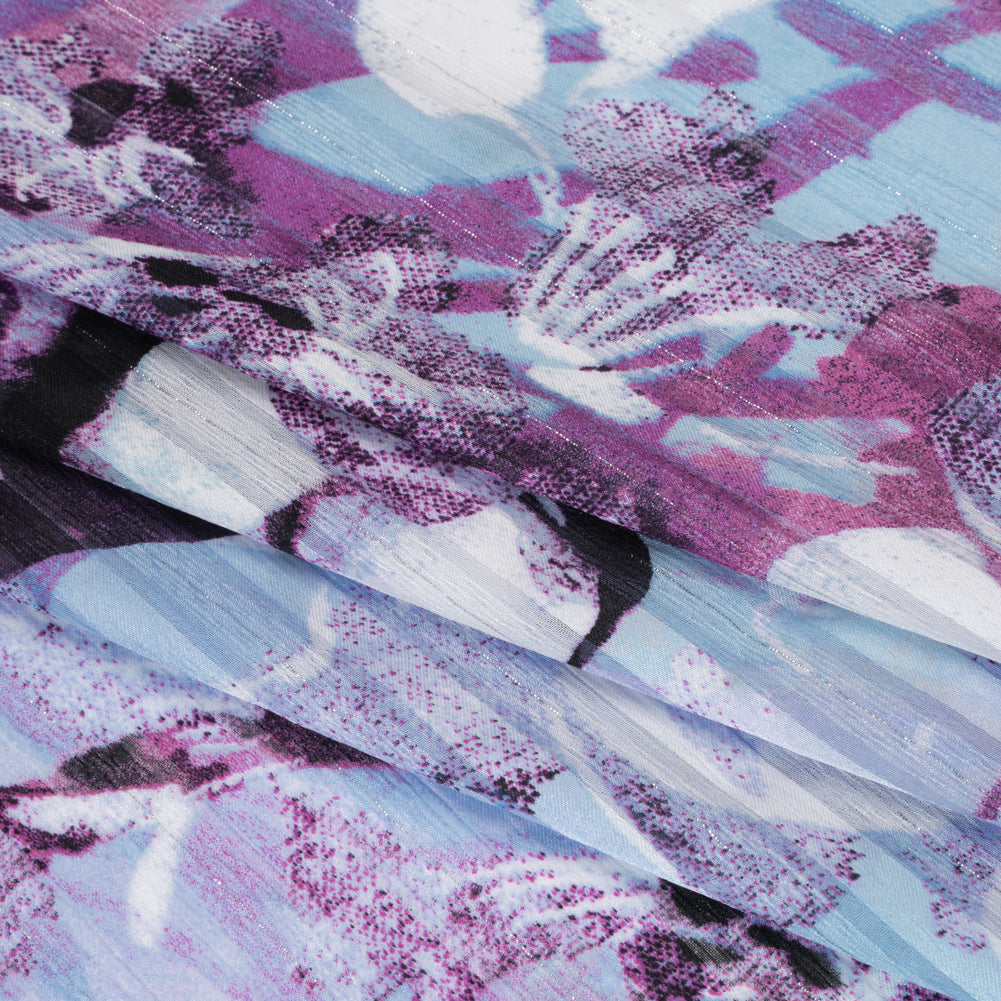 Polyester Satin-Striped Dobby with Metallic Pinstripes - Lavender, Sky Blue and Rose Abstract Florals - Designer Deadstock - Detail Polyester Satin-Striped Dobby with Metallic Pinstripes - Lavender, Sky Blue and Rose Abstract Florals - Designer Deadstock - Detail