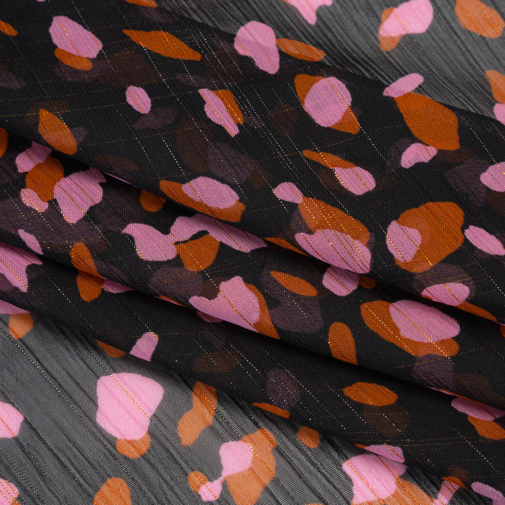 Polyester Chiffon with Metallic Gold Pinstripes - Black, Brown and Pink Abstract Spots - Designer Deadstock Polyester Chiffon with Metallic Gold Pinstripes - Black, Brown and Pink Abstract Spots - Designer Deadstock