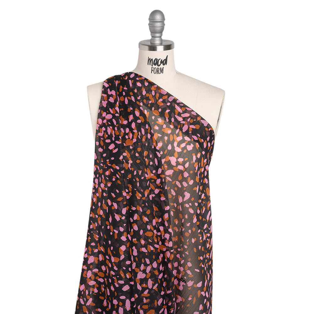 Polyester Chiffon with Metallic Gold Pinstripes - Black, Brown and Pink Abstract Spots - Designer Deadstock Polyester Chiffon with Metallic Gold Pinstripes - Black, Brown and Pink Abstract Spots - Designer Deadstock