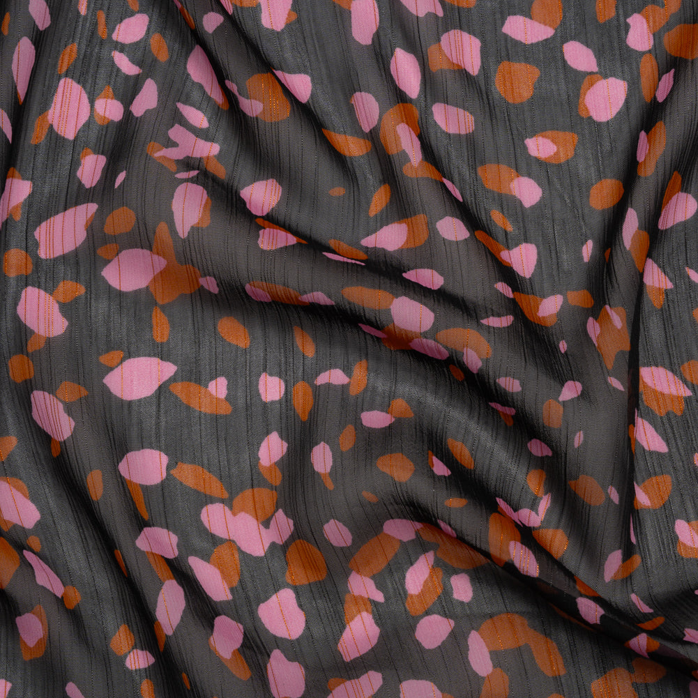 Polyester Chiffon with Metallic Gold Pinstripes - Black, Brown and Pink Abstract Spots - Designer Deadstock Polyester Chiffon with Metallic Gold Pinstripes - Black, Brown and Pink Abstract Spots - Designer Deadstock