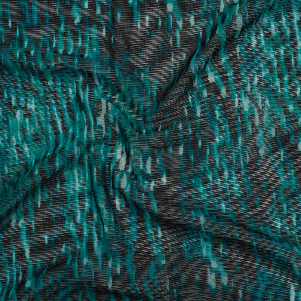 Stretch Polyester Mesh - Teal, Black and Blue Abstract Streaks - Designer Deadstock Stretch Polyester Mesh - Teal, Black and Blue Abstract Streaks - Designer Deadstock