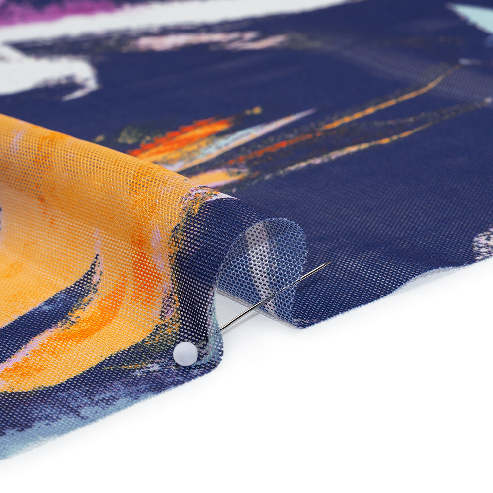 Stretch Polyester Mesh Print - Navy, Plum and Orange Painterly Floral - Designer Deadstock Detail Stretch Polyester Mesh Print - Navy, Plum and Orange Painterly Floral - Designer Deadstock Detail