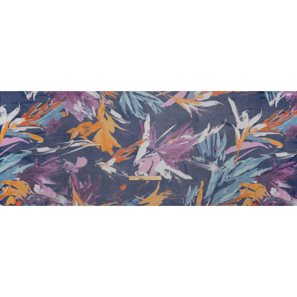 Stretch Polyester Mesh Print - Navy, Plum and Orange Painterly Floral - Designer Deadstock Full Stretch Polyester Mesh Print - Navy, Plum and Orange Painterly Floral - Designer Deadstock Full
