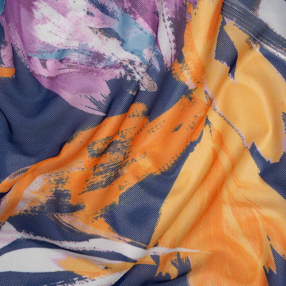 Stretch Polyester Mesh Print - Navy, Plum and Orange Painterly Floral - Designer Deadstock Stretch Polyester Mesh Print - Navy, Plum and Orange Painterly Floral - Designer Deadstock