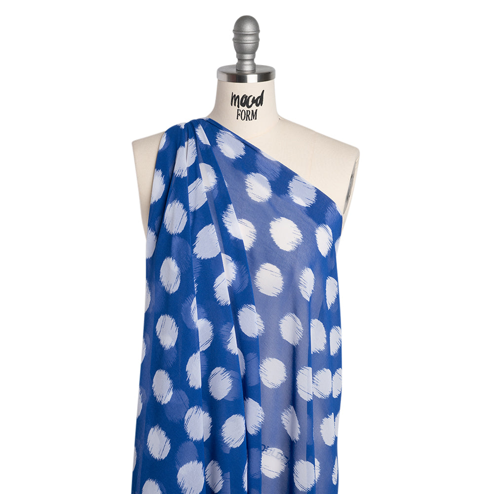 Polyester Chiffon - Cobalt Blue and White Brushed Polka Dots - Designer Deadstock Polyester Chiffon - Cobalt Blue and White Brushed Polka Dots - Designer Deadstock