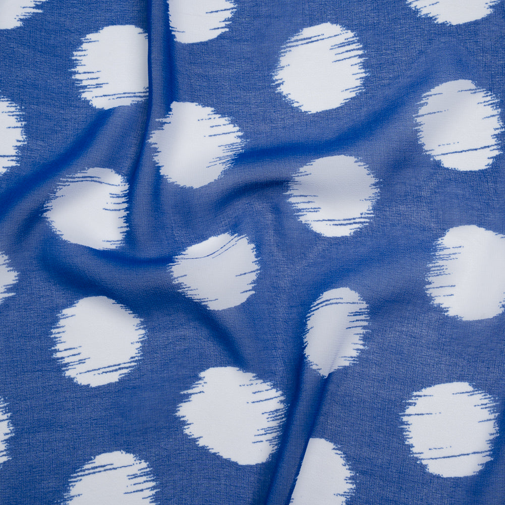 Polyester Chiffon - Cobalt Blue and White Brushed Polka Dots - Designer Deadstock Polyester Chiffon - Cobalt Blue and White Brushed Polka Dots - Designer Deadstock