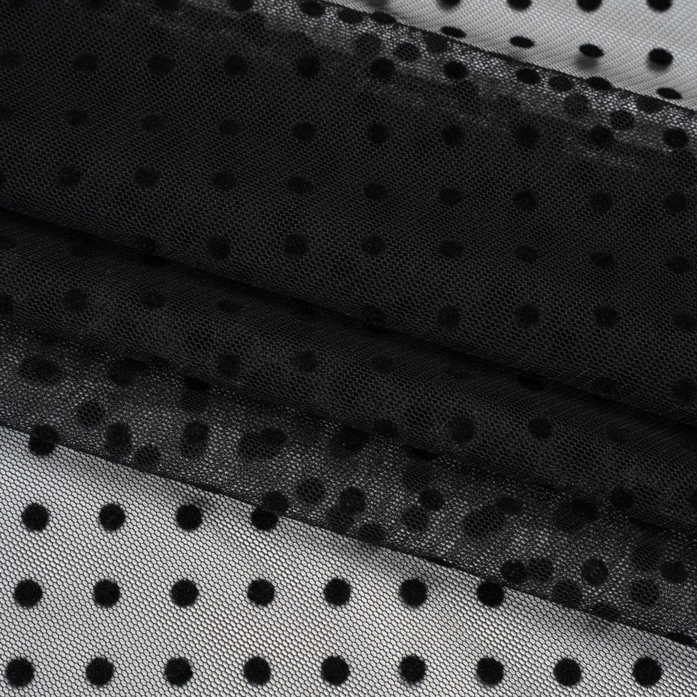 Polyester Tulle with Flocked Polka Dots - Black - Designer Deadstock Polyester Tulle with Flocked Polka Dots - Black - Designer Deadstock