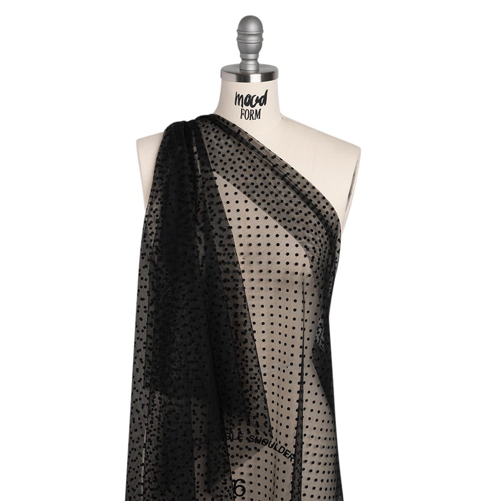 Polyester Tulle with Flocked Polka Dots - Black - Designer Deadstock Polyester Tulle with Flocked Polka Dots - Black - Designer Deadstock