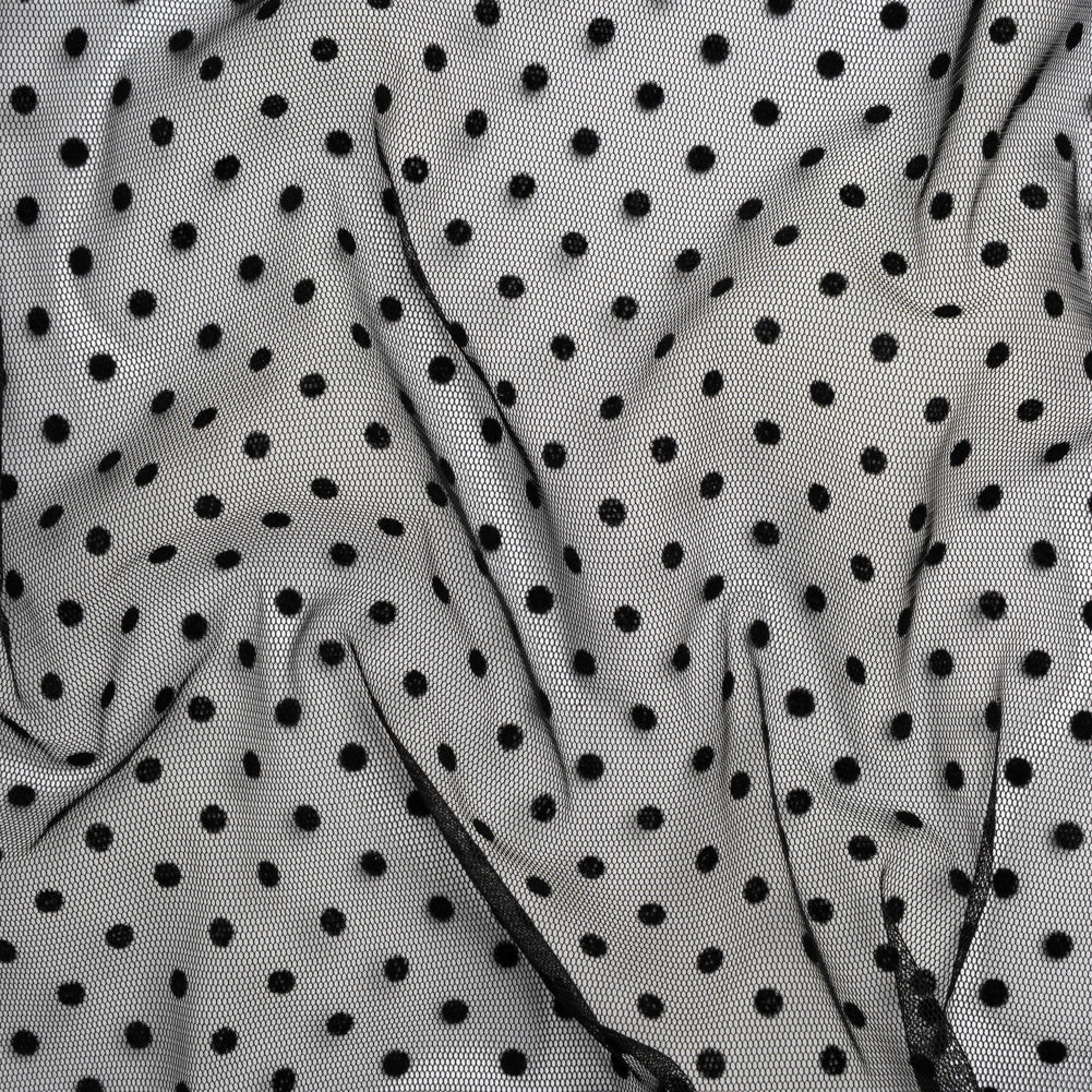 Polyester Tulle with Flocked Polka Dots - Black - Designer Deadstock Polyester Tulle with Flocked Polka Dots - Black - Designer Deadstock