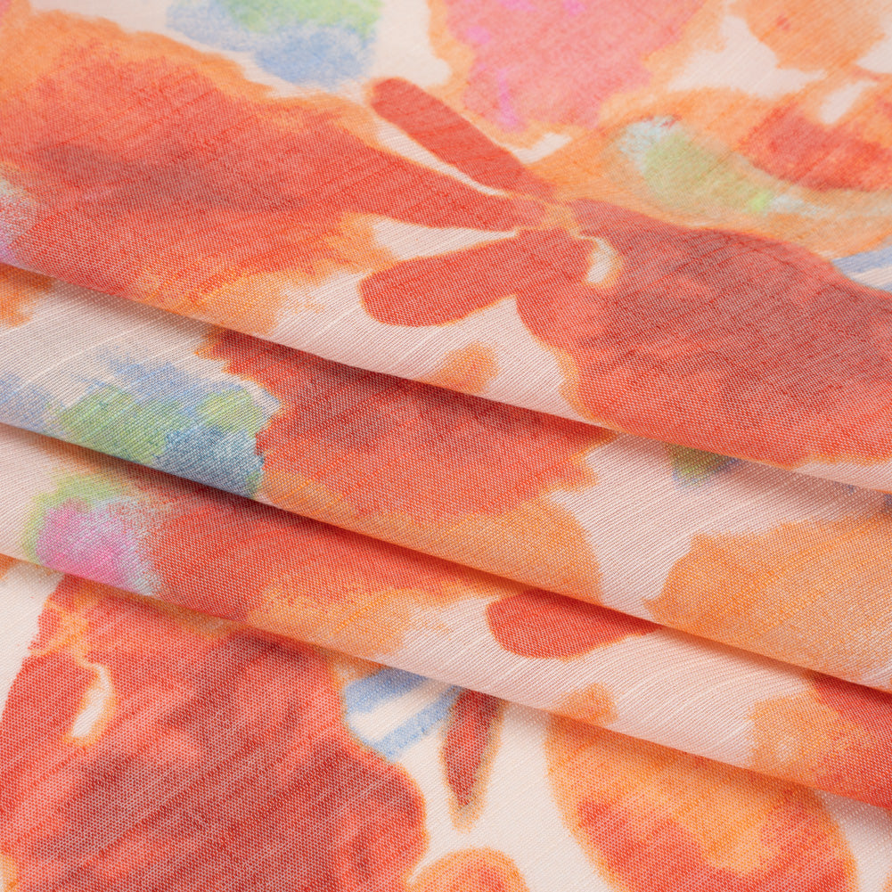 Slubbed Gauzy Rayon and Polyester Woven Print - Papaya Orange, Red and Green Floral - Designer Deadstock Slubbed Gauzy Rayon and Polyester Woven Print - Papaya Orange, Red and Green Floral - Designer Deadstock