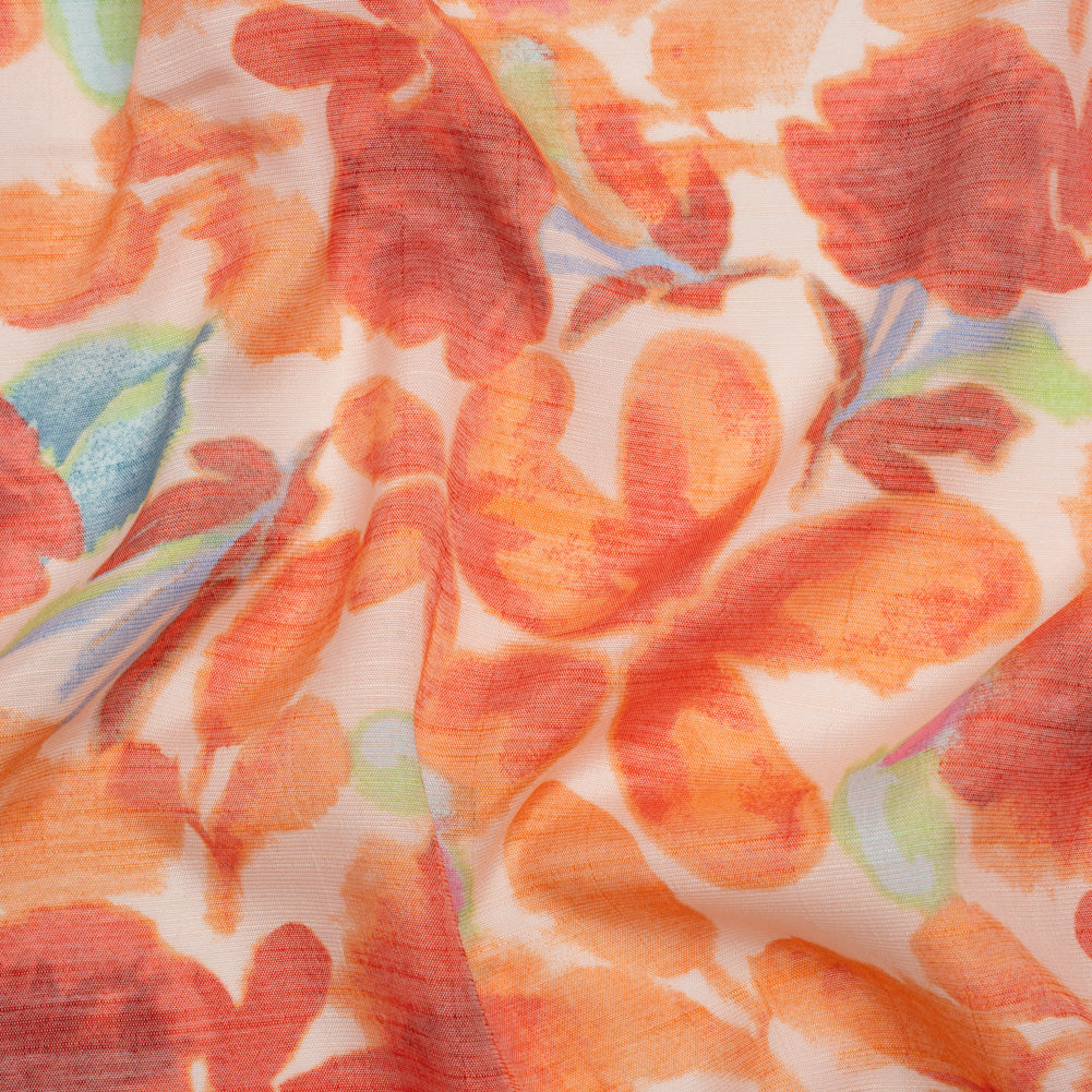 Slubbed Gauzy Rayon and Polyester Woven Print - Papaya Orange, Red and Green Floral - Designer Deadstock Slubbed Gauzy Rayon and Polyester Woven Print - Papaya Orange, Red and Green Floral - Designer Deadstock