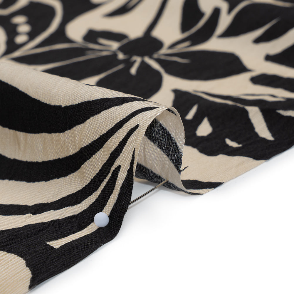 Crinkled Rayon Blend Woven Print - Black and Beige Floral - Designer Deadstock Crinkled Rayon Blend Woven Print - Black and Beige Floral - Designer Deadstock