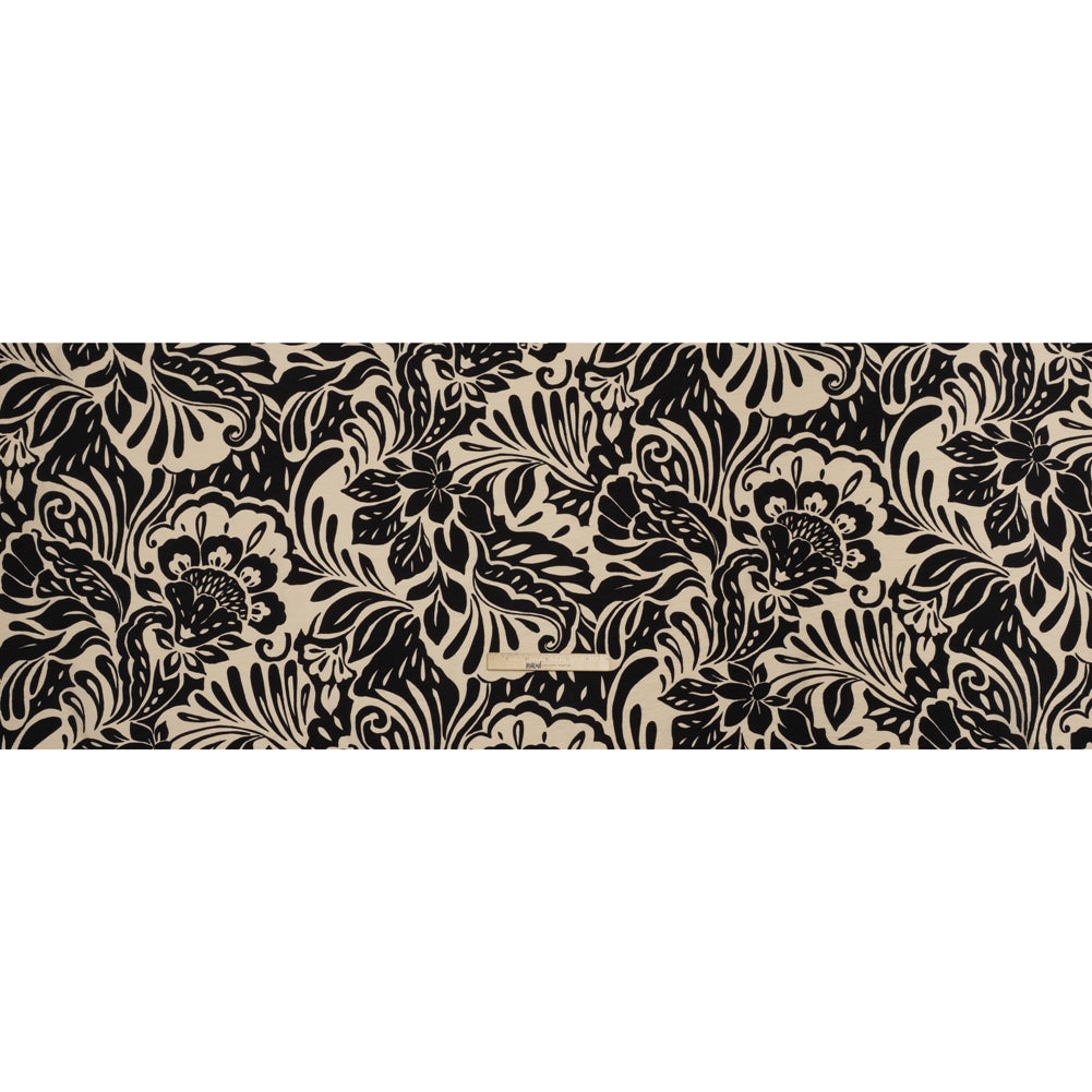 Crinkled Rayon Blend Woven Print - Black and Beige Floral - Designer Deadstock Crinkled Rayon Blend Woven Print - Black and Beige Floral - Designer Deadstock