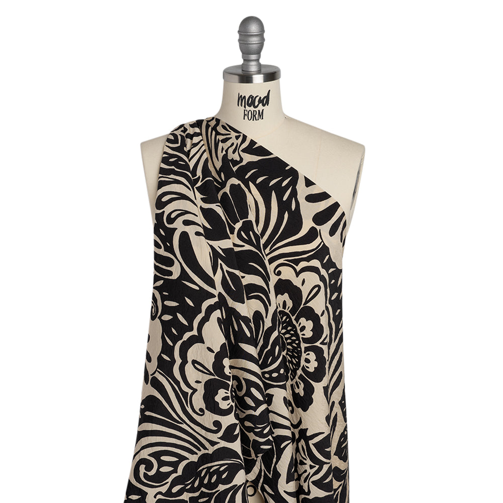 Crinkled Rayon Blend Woven Print - Black and Beige Floral - Designer Deadstock Crinkled Rayon Blend Woven Print - Black and Beige Floral - Designer Deadstock