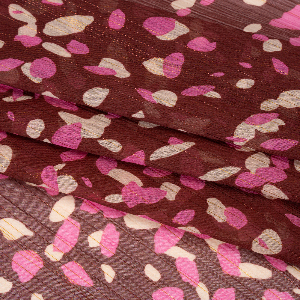Crinkled Polyester Chiffon Print with Metallic Pinstripes - Burgundy, Pink and Cream Abstract Spots - Designer Deadstock Folded Crinkled Polyester Chiffon Print with Metallic Pinstripes - Burgundy, Pink and Cream Abstract Spots - Designer Deadstock Folded