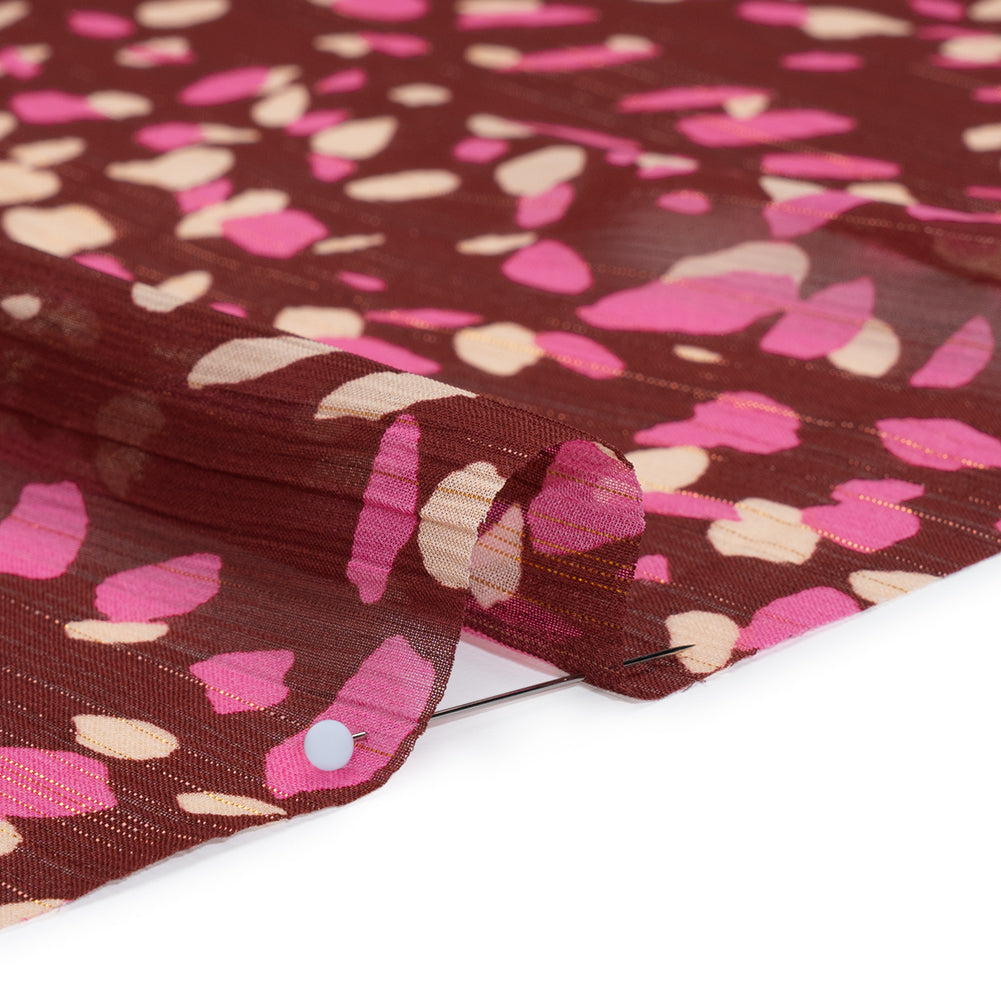 Crinkled Polyester Chiffon Print with Metallic Pinstripes - Burgundy, Pink and Cream Abstract Spots - Designer Deadstock Detail Crinkled Polyester Chiffon Print with Metallic Pinstripes - Burgundy, Pink and Cream Abstract Spots - Designer Deadstock Detail