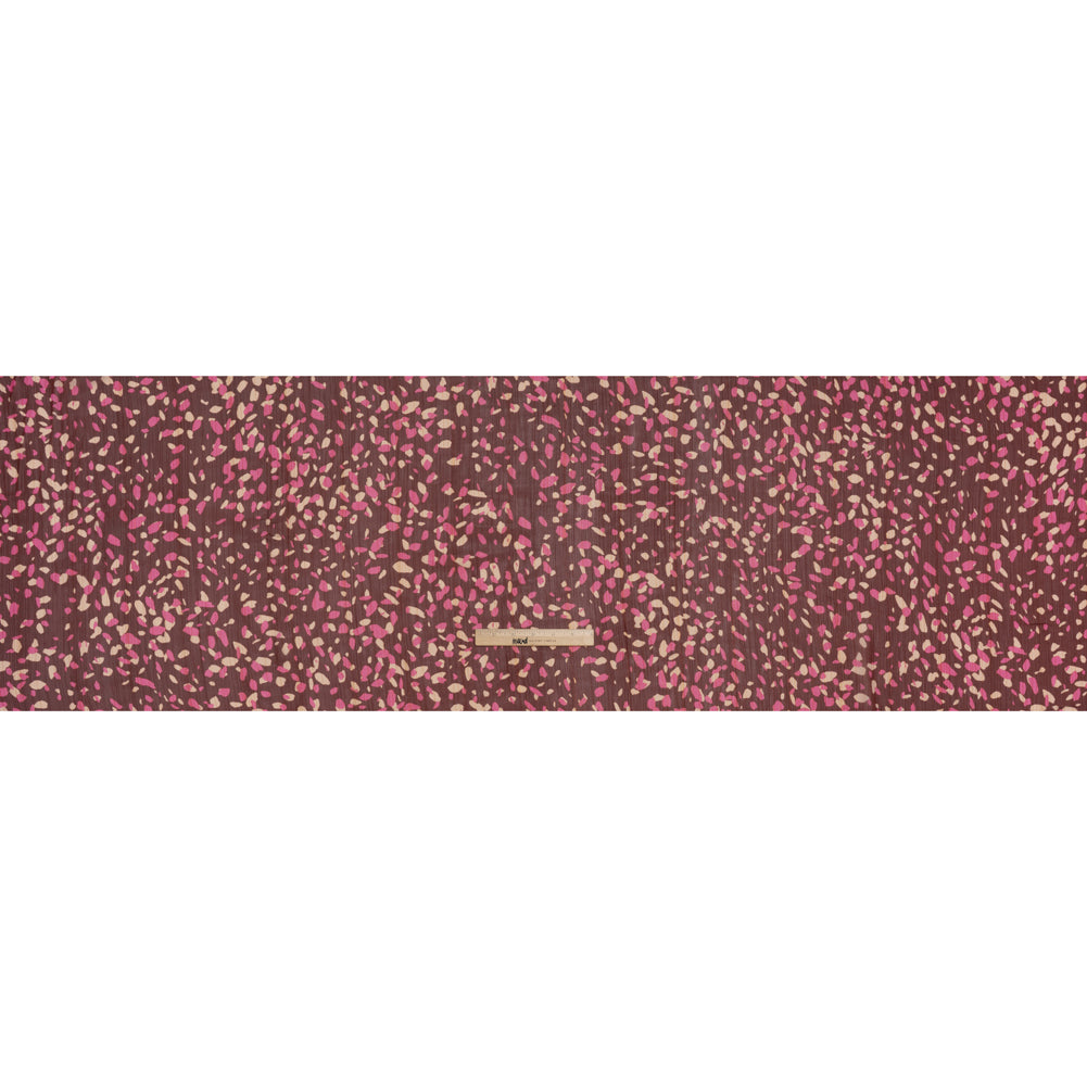 Crinkled Polyester Chiffon Print with Metallic Pinstripes - Burgundy, Pink and Cream Abstract Spots - Designer Deadstock Full Crinkled Polyester Chiffon Print with Metallic Pinstripes - Burgundy, Pink and Cream Abstract Spots - Designer Deadstock Full