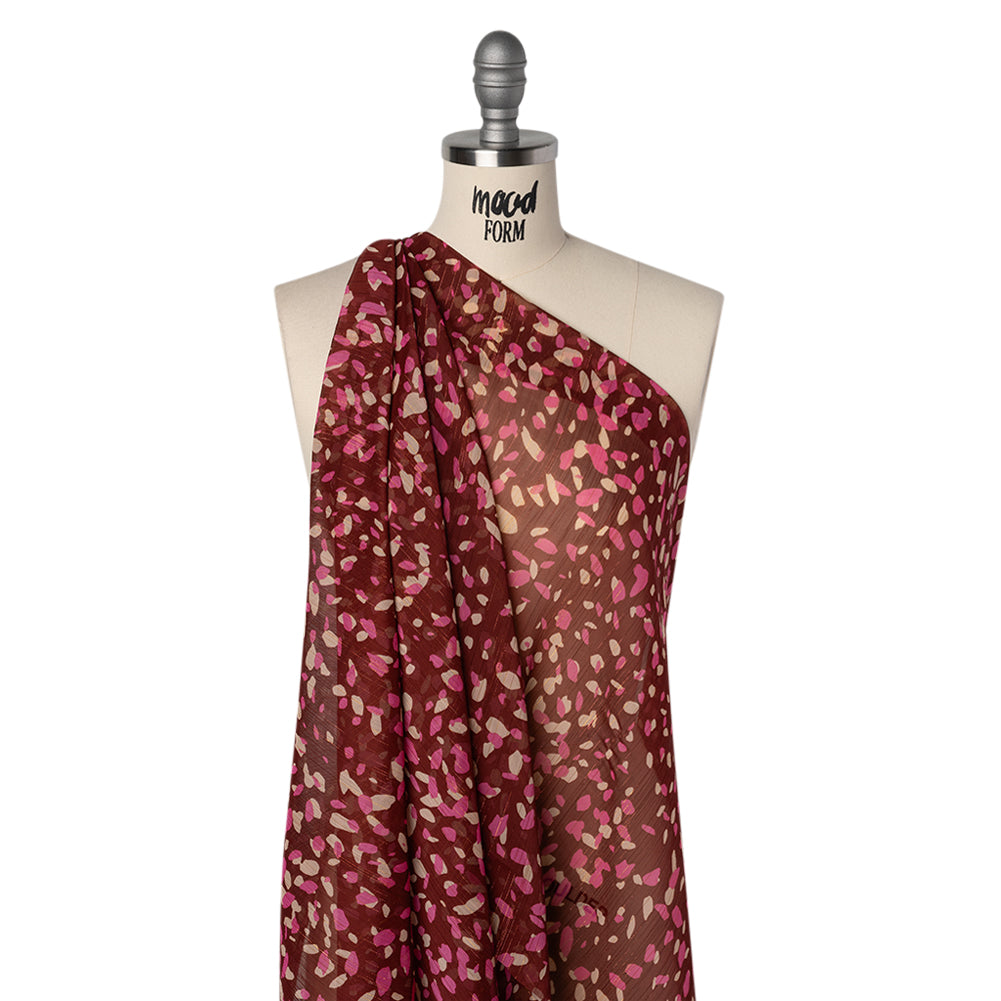 Crinkled Polyester Chiffon Print with Metallic Pinstripes - Burgundy, Pink and Cream Abstract Spots - Designer Deadstock Drape Crinkled Polyester Chiffon Print with Metallic Pinstripes - Burgundy, Pink and Cream Abstract Spots - Designer Deadstock Drape