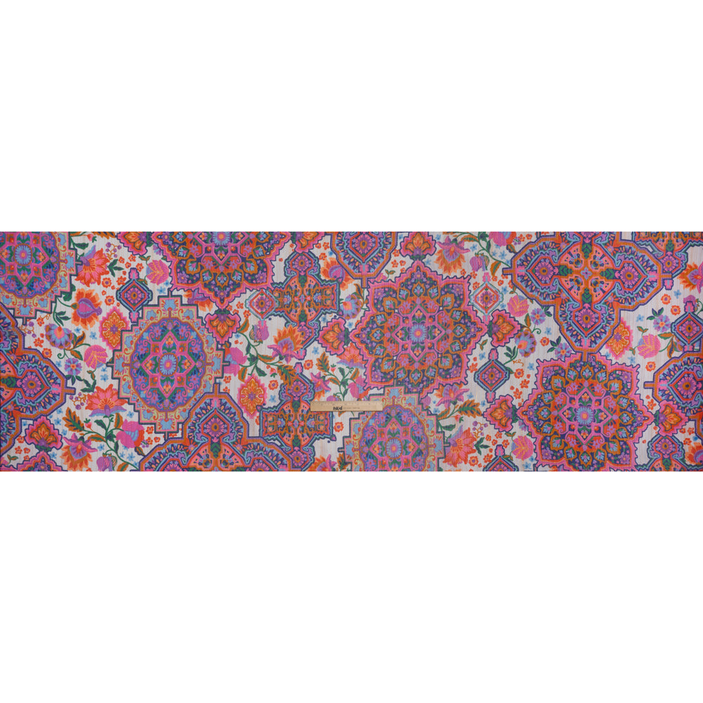 Crinkled Polyester Chiffon Print with Metallic Gold Pinstripes - Pink, Purple and Blue Jacobean Florals and Tiles - Designer Deadstock Full Crinkled Polyester Chiffon Print with Metallic Gold Pinstripes - Pink, Purple and Blue Jacobean Florals and Tiles - Designer Deadstock Full