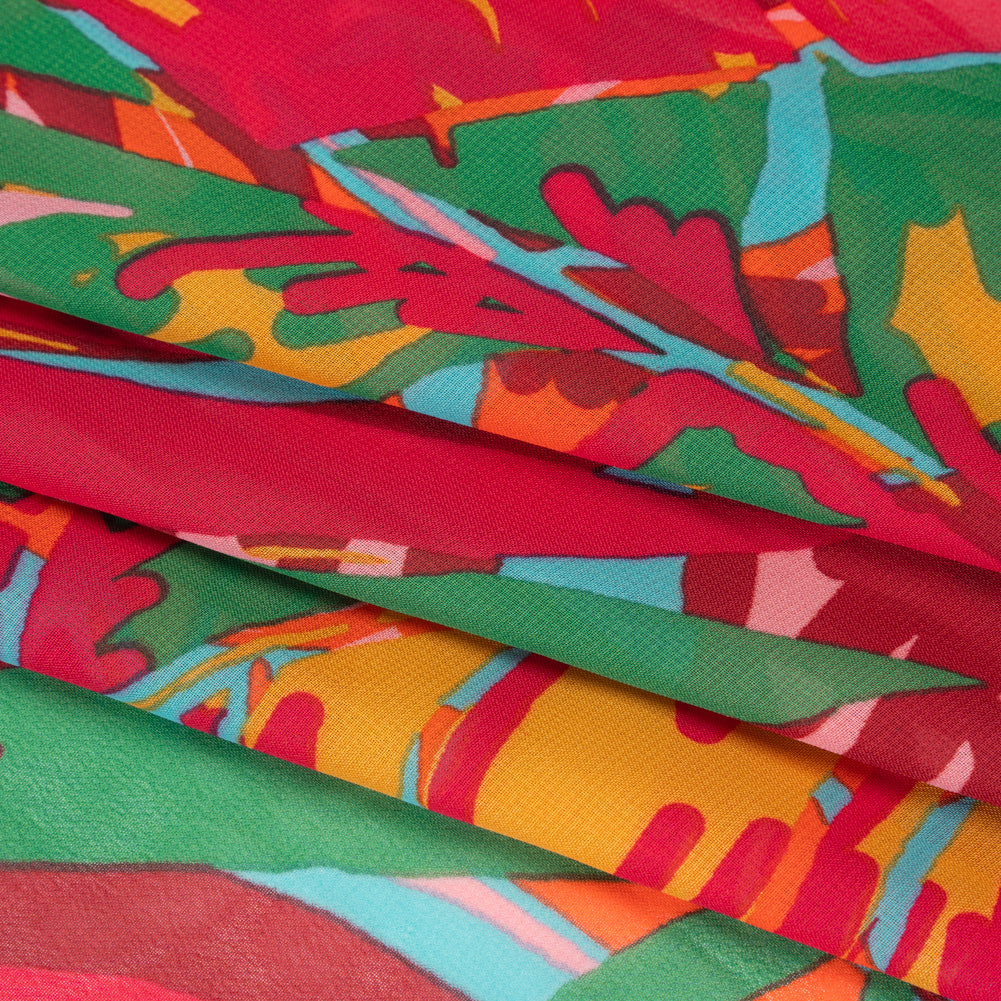 Polyester Chiffon Print - Red, Green and Yellow Tropical Leaves - Designer Deadstock Polyester Chiffon Print - Red, Green and Yellow Tropical Leaves - Designer Deadstock