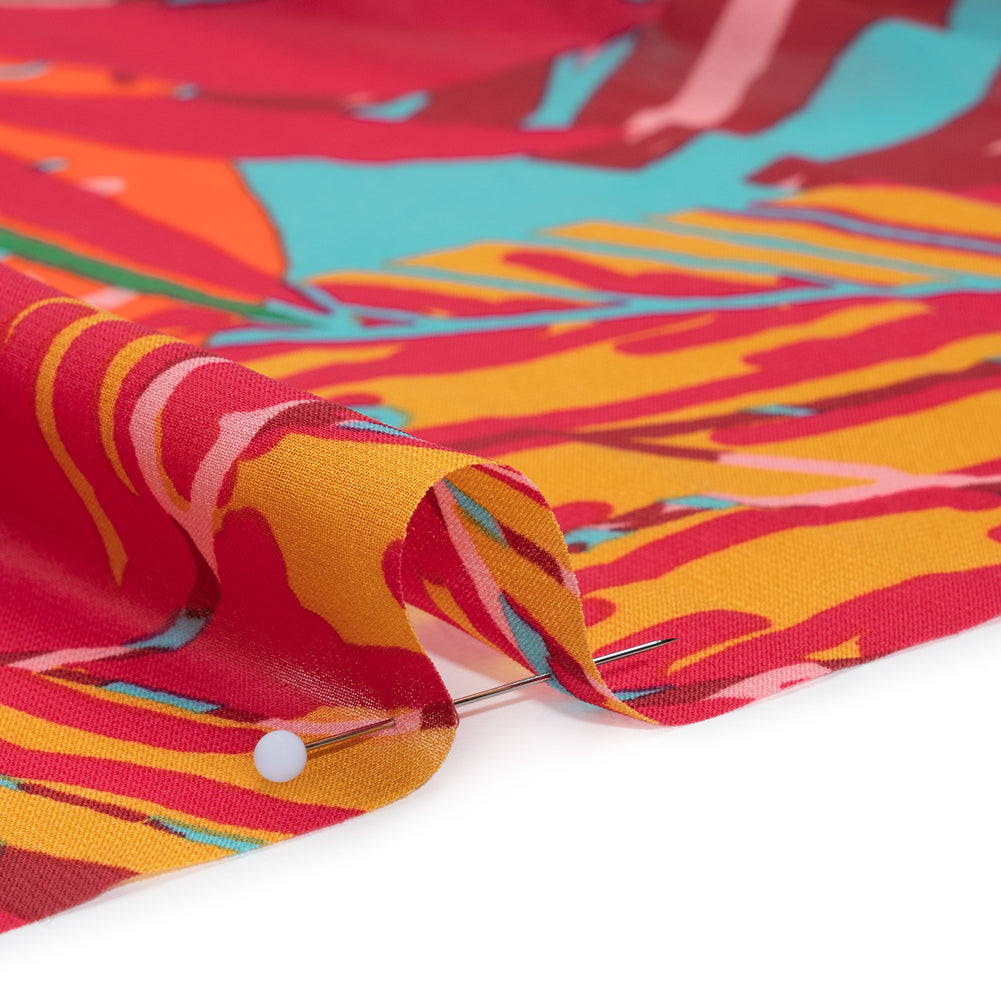 Polyester Chiffon Print - Red, Green and Yellow Tropical Leaves - Designer Deadstock Polyester Chiffon Print - Red, Green and Yellow Tropical Leaves - Designer Deadstock