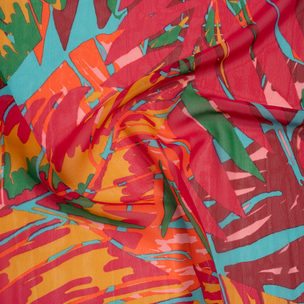 Polyester Chiffon Print - Red, Green and Yellow Tropical Leaves - Designer Deadstock Polyester Chiffon Print - Red, Green and Yellow Tropical Leaves - Designer Deadstock