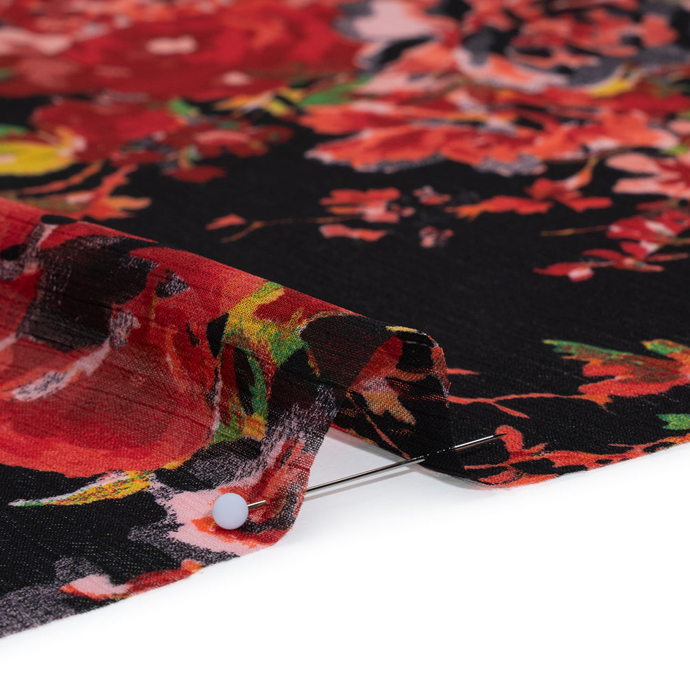 Crinkled Polyester Chiffon Print - Red, Green and Black Floral - Designer Deadstock Crinkled Polyester Chiffon Print - Red, Green and Black Floral - Designer Deadstock