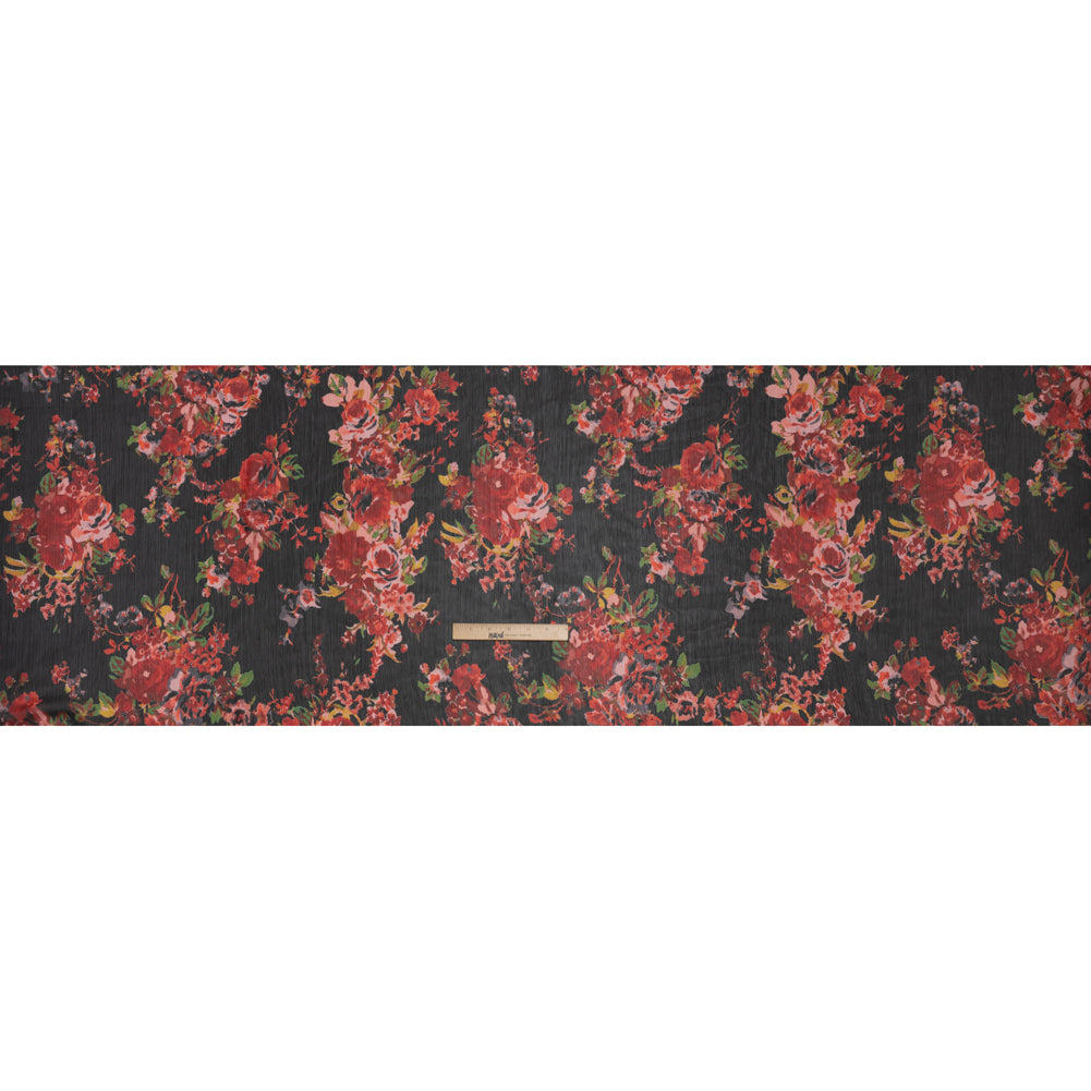 Crinkled Polyester Chiffon Print - Red, Green and Black Floral - Designer Deadstock Crinkled Polyester Chiffon Print - Red, Green and Black Floral - Designer Deadstock